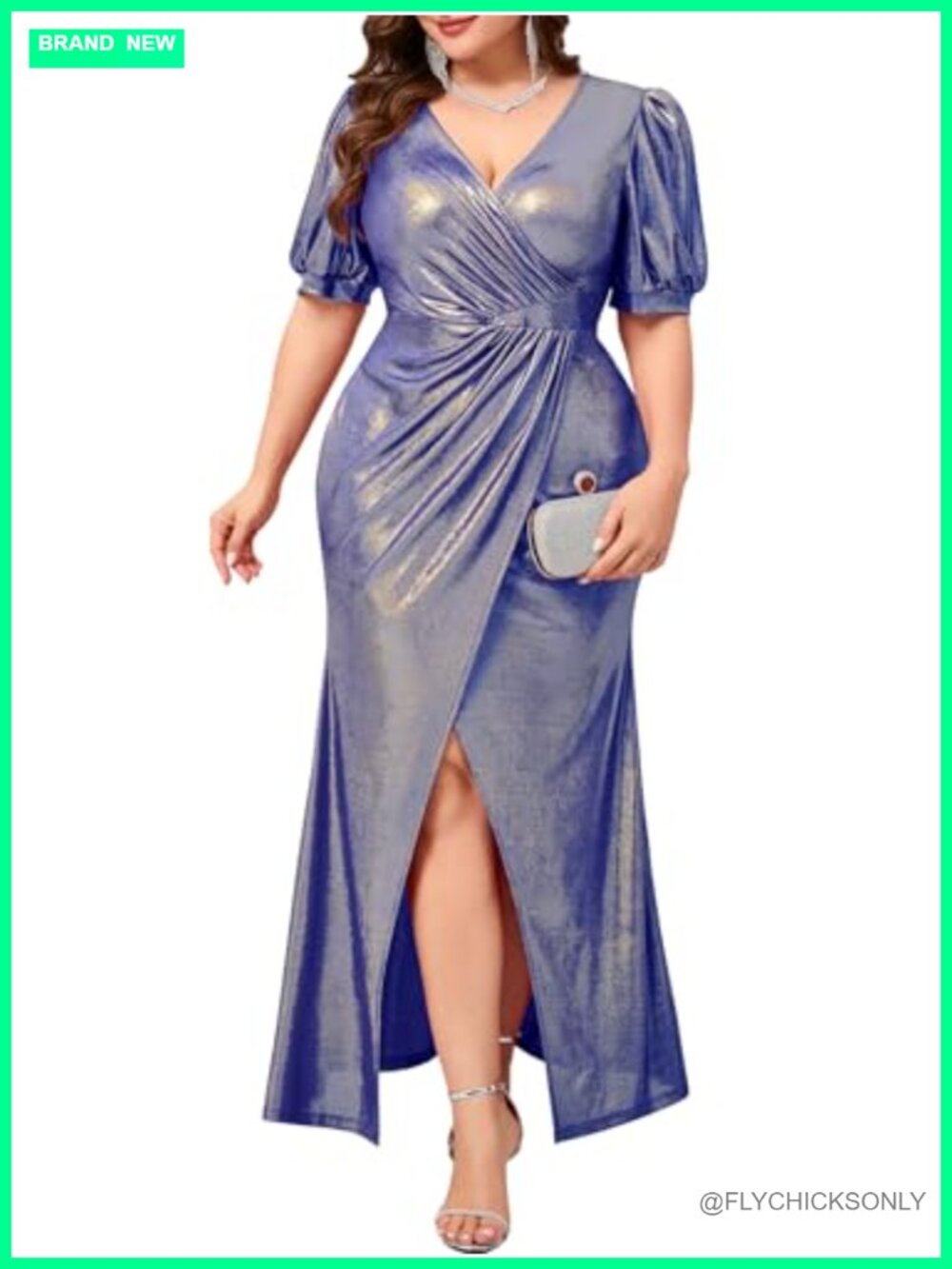 Plus Size Metallic Maxi Formal Gown Ruched Puff Sleeve High Slit Prom